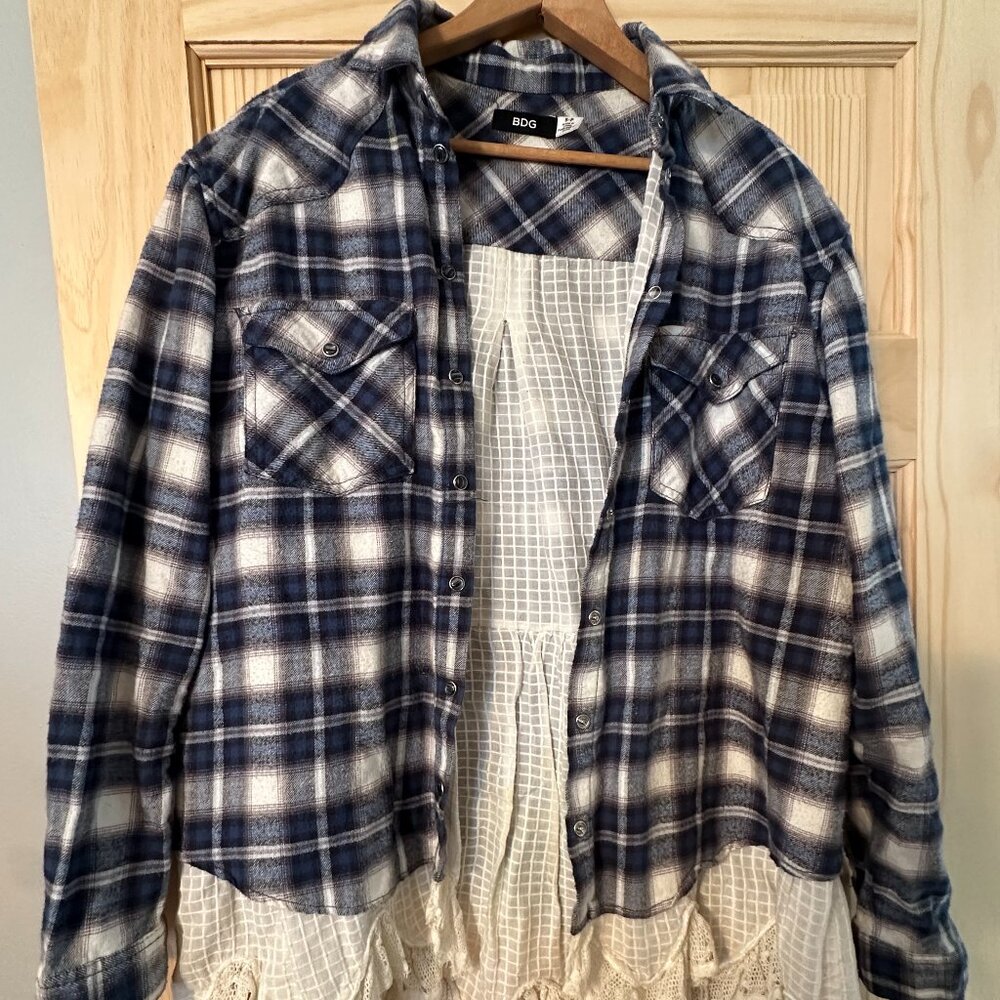 BDG Urban Outfitters Blue And White Plaid Flannel Lace Petticoat Shirt Size Sm